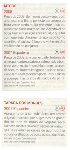 Miogo Branco 2005, Miogo Espadeiro 2007, Tapada dos Monges Espadeiro 2008.